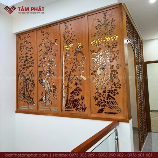 Vách tường ngăn cách họa tiết phong thủy Tùng Cúc Trúc Mai.