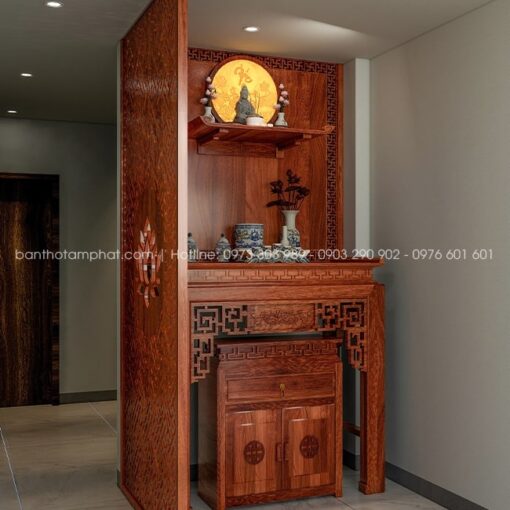 Thiết kế 3D phòng thờ nhỏ gọn tại không gian tầng mái trên cùng.
