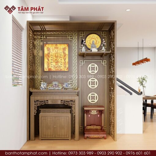 Phòng thờ 3 bàn liên thờ - Phật, Gia Tiên và Thần Tài mẫu BT-1712