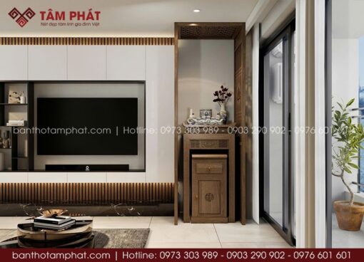 Phòng thờ chung cư nhỏ có vách ngăn và rèm che mẫu BT-1695