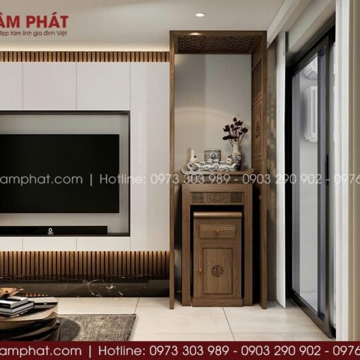 Phòng thờ chung cư nhỏ có vách ngăn và rèm che mẫu BT-1695