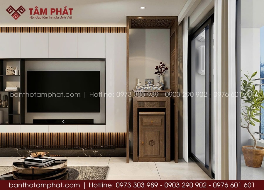 Phòng thờ chung cư nhỏ có vách ngăn và rèm che mẫu BT-1695