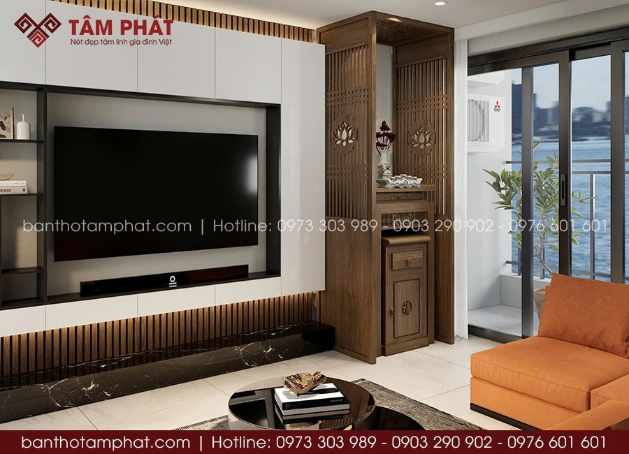 Phối cảnh 3D tổng quan phòng thờ.