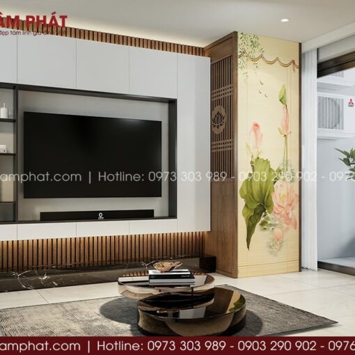 Phòng thờ nhỏ gọn bố trí hài hòa tại không gian phòng khách.