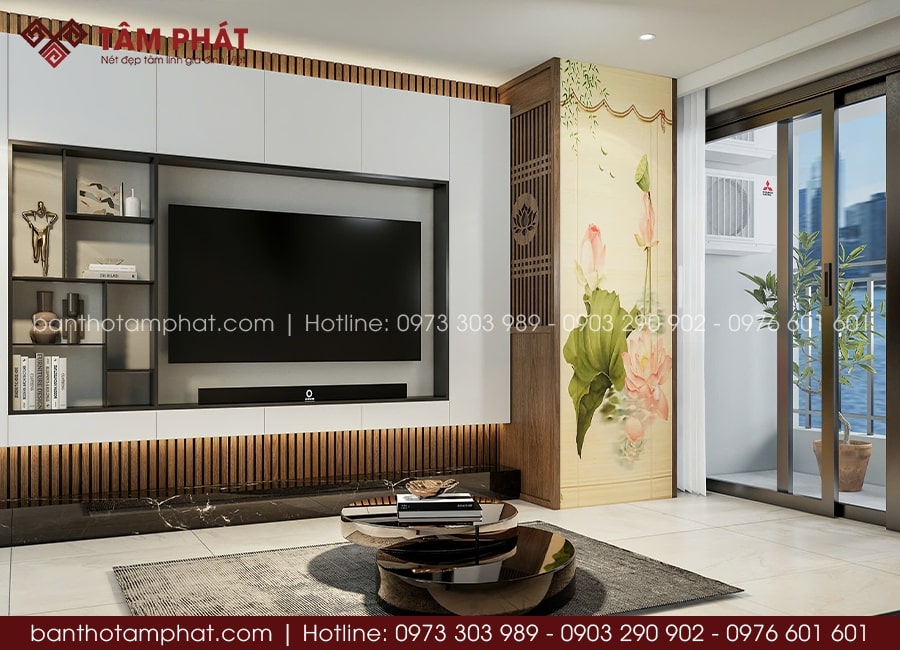 Phòng thờ nhỏ gọn bố trí hài hòa tại không gian phòng khách.