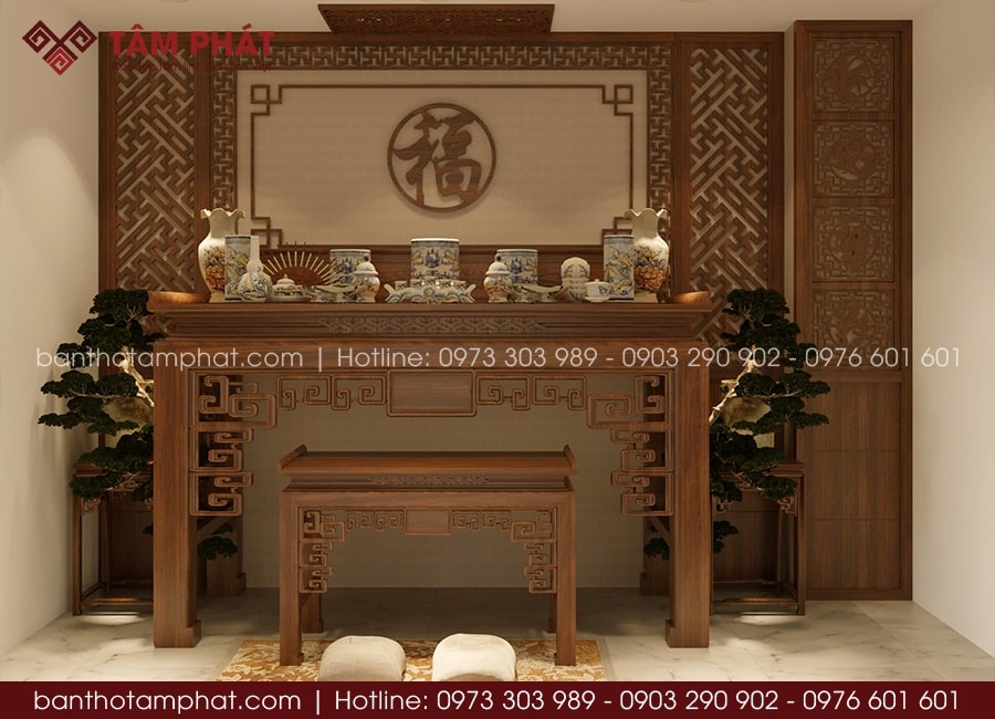 Cân đối kích thước phòng thờ hài hòa mang lại cảm giác trang nghiêm mà vẫn gần gũi, giúp gia chủ an tâm khi bày biện đồ thờ cúng.