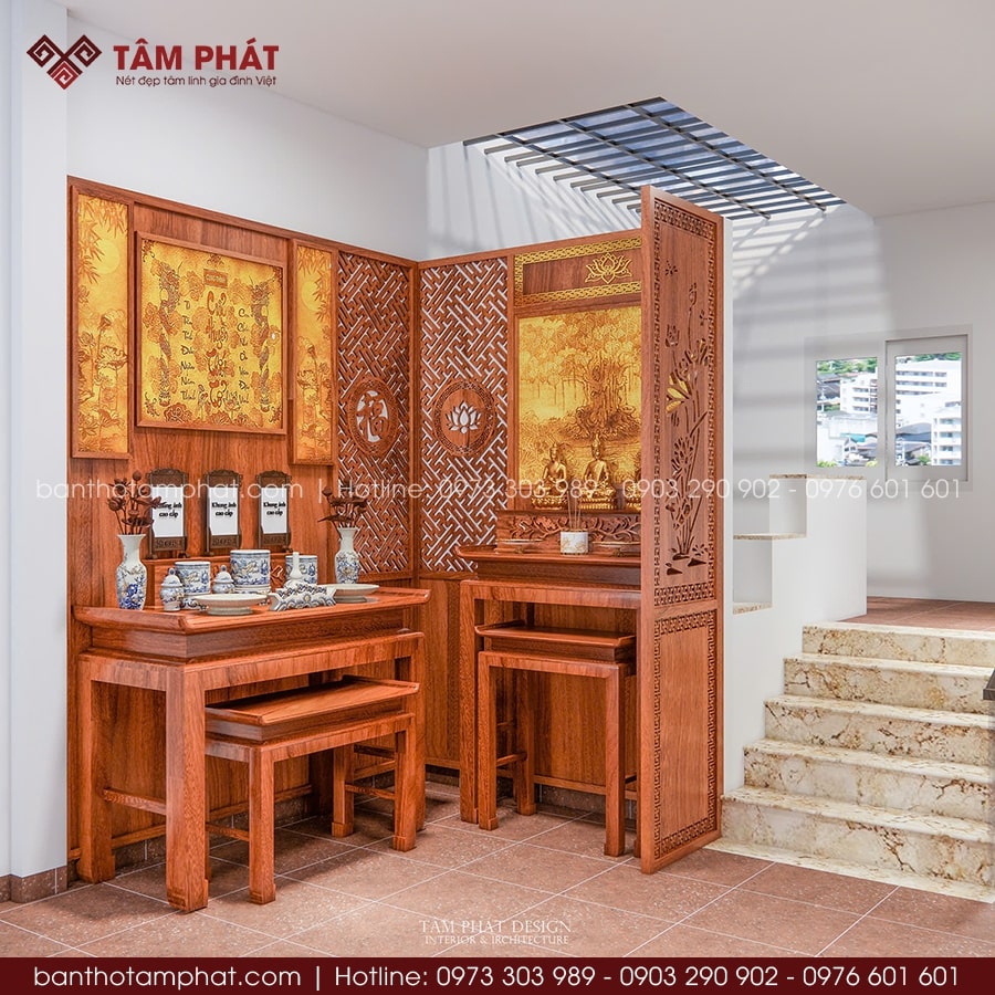 Phương án 3D tổng quan phòng thờ tại tầng thượng.