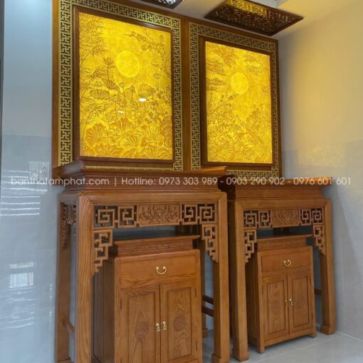 Mẫu phòng thờ có 2 bàn thờ riêng biệt để thờ Phật và Gia Tiên, vừa chuẩn nghi lễ vừa đảm bảo tính trang nghiêm.