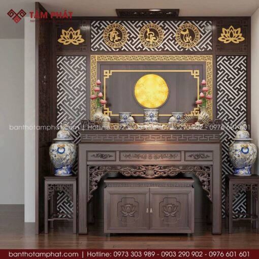 Phòng thờ hiện đại ốp CNC chữ Phúc Lộc Thọ mẫu BT-1728