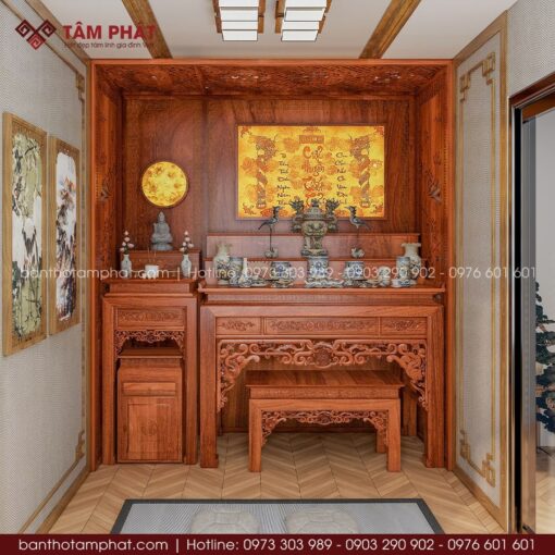 Phòng thờ Phật và Gia Tiên full ốp vách gỗ hương cao cấp mẫu BT-1715