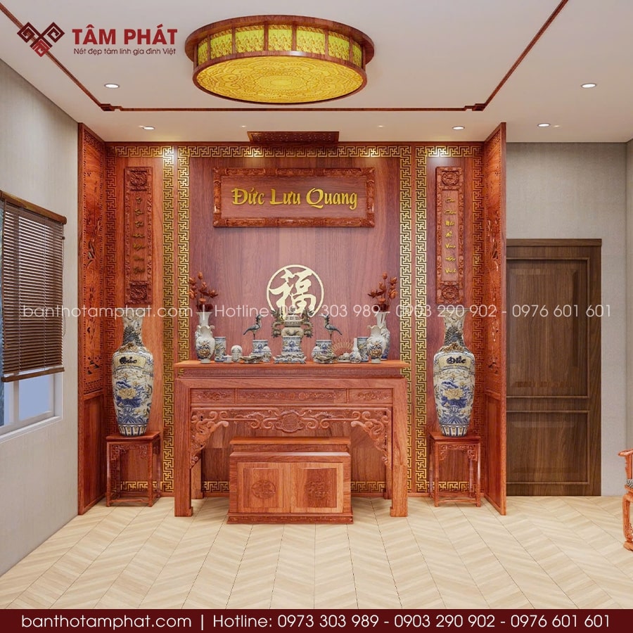 Phòng thờ BT-1720 mang phong cách truyền thống chuẩn mực của người Việt với hoành phi/cuốn thư câu đối sang trọng.