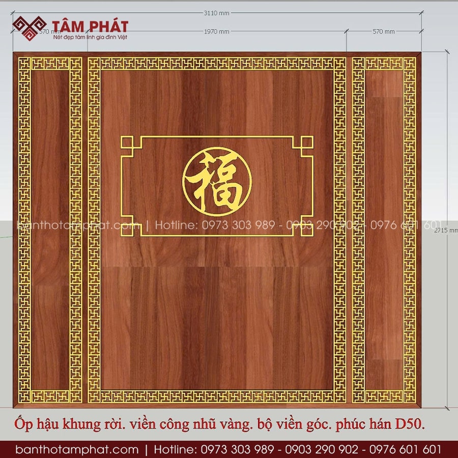 Ốp hậu MDF kín đáo, chữ Phúc lớn chính giữa mang đến vẻ đẹp hài hòa giữa truyền thống và hiện đại.