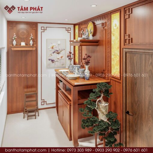Phương án 3D chỉn chu, bao quát các góc, giúp gia chủ dễ dàng hình dung phòng thờ tương lai.