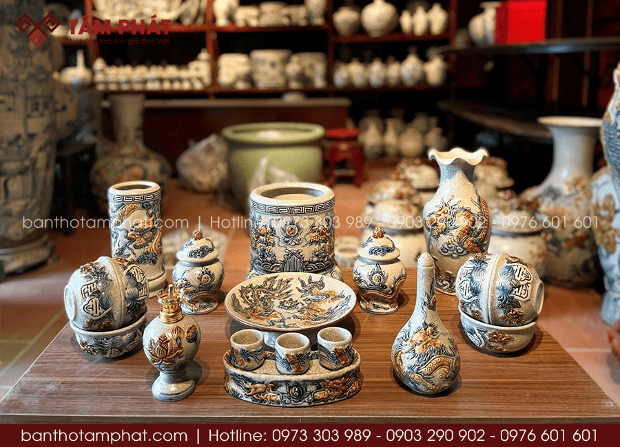 Bộ đồ thờ men rạn họa tiết rồng Bộ đồ thờ men rạn họa tiết rồng