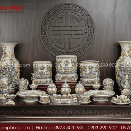 Bộ đồ thờ bát hương men rạn Bát Tràng cho bàn thờ gia tiên MS-011