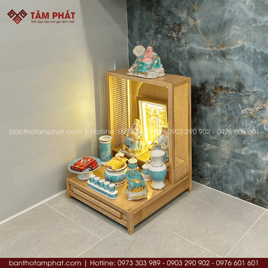 Bộ Bàn Thờ Ông Địa Thần Tài Gỗ Sồi Màu Sáng Hiện Đại BTT-3037