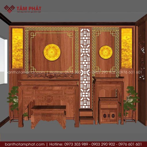 Phòng thờ sảnh tầng kết hợp rèm hạt và vách CNC mẫu BT-1818