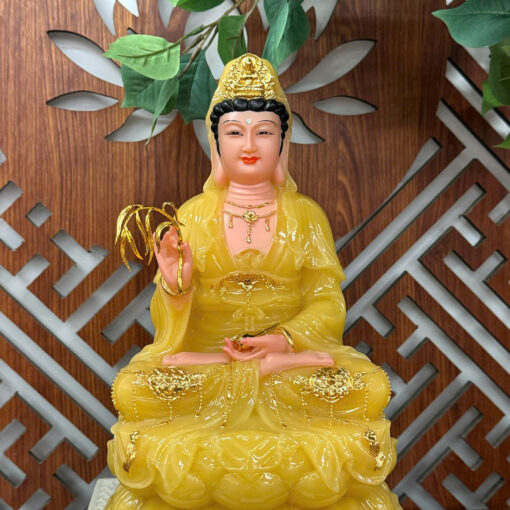 Tượng Quan Thế Âm Bồ Tát Màu Vàng Ngọc Tọa Sen - Mẫu QA9010