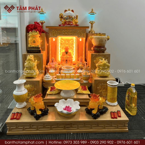 Bộ bàn thờ Ông Địa Thần Tài gỗ Sồi hiện đại